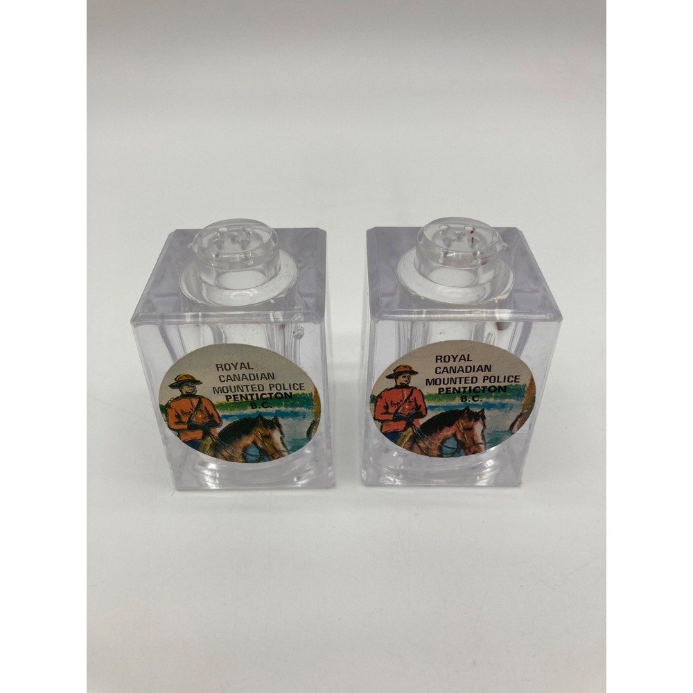 Vintage RCMP Penticton BC Acrylic Clear Salt Pepper Shakers Souvenir Hong Kong